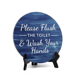 Round Please Flush The Toilet & Wash Your Hands. Washed Blue Wood Color Bathroom Table Sign with Acrylic Easel (5 x 5)