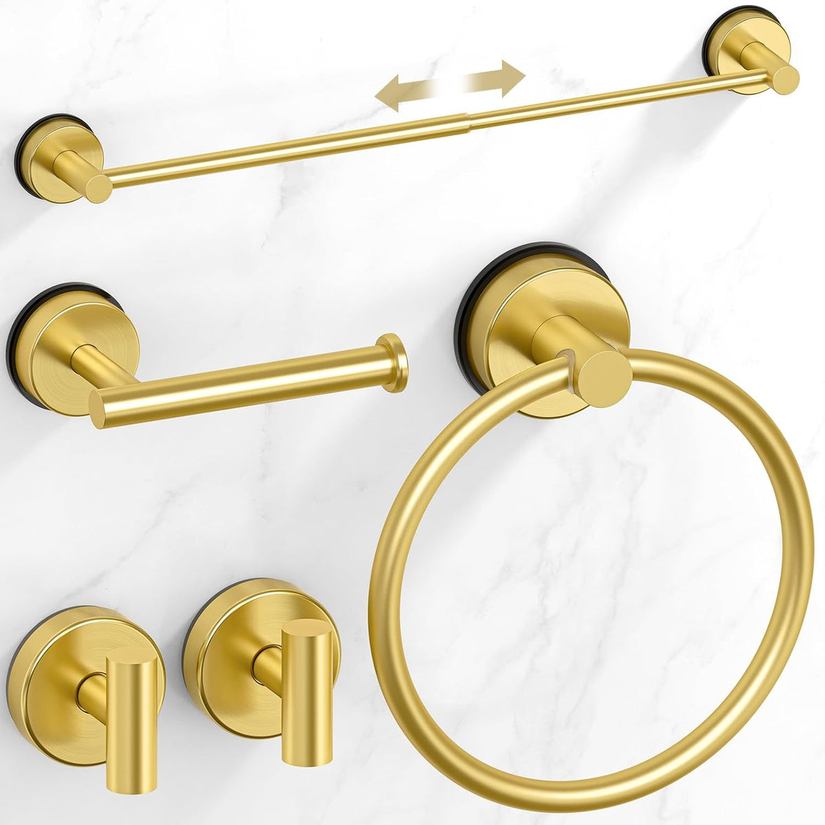 Brushed Gold Suction Cup Bathroom Accessories Set.Towel Racks for Bathroom.5 Piece Bathroom Hardware Set Restroom Accessories.Includes 24 Towel Bar.Towel Ring.Toilet Paper Holder.Suction Cup Hooks