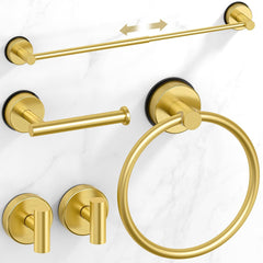 Brushed Gold Suction Cup Bathroom Accessories Set.Towel Racks for Bathroom.5 Piece Bathroom Hardware Set Restroom Accessories.Includes 24 Towel Bar.Towel Ring.Toilet Paper Holder.Suction Cup Hooks