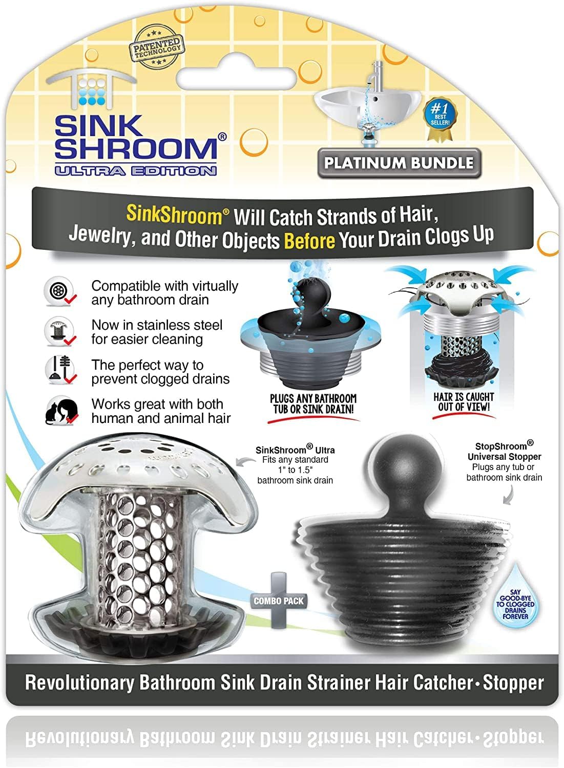 SinkShroom Ultra Revolutionary Bathroom Sink Drain Protector. Stainless Steel