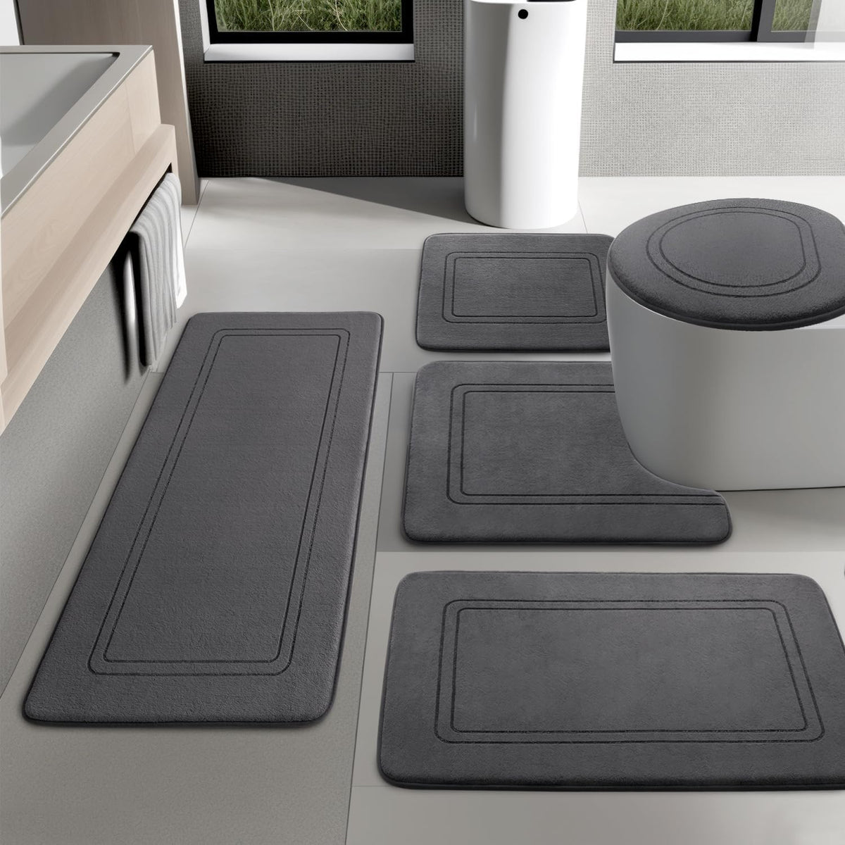 YIHOUSE Dark Grey Memory Foam Bathroom Rug Set. Absorbent Non Slip Bath Mats for Bathroom Floor. Washable Dry Quickly 5 Piece