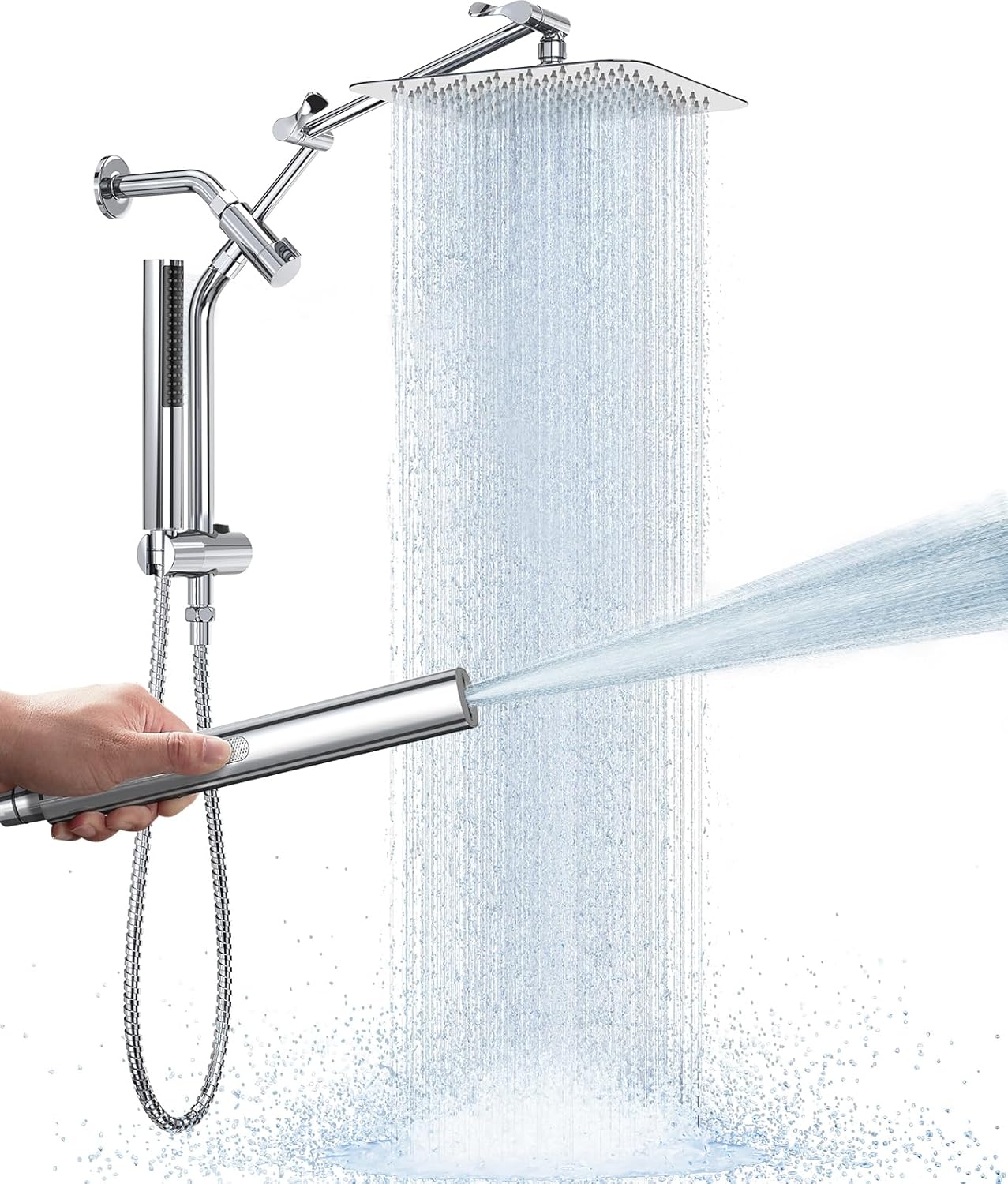 Veken 10 Luxurious All Metal Rain Shower Head with Handheld. High Pressure Rainfall Shower Heads wih Extension Arm. Wide Dual Showerhead with Spray Combo. Bathroom Accessories. Chrome. Silver