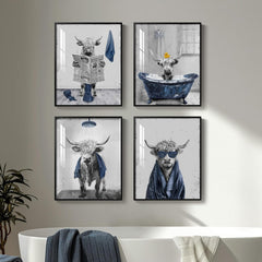Framed Highland Cow Funny Bathroom Wall Art. 4 Piece Fun Animal Navy Blue Art Prints. Cute Cow Sitting on Toilet or in Bathtub or Reading Pictures Wall Decor for Toilet. Restroom. Washroom. Bathroom