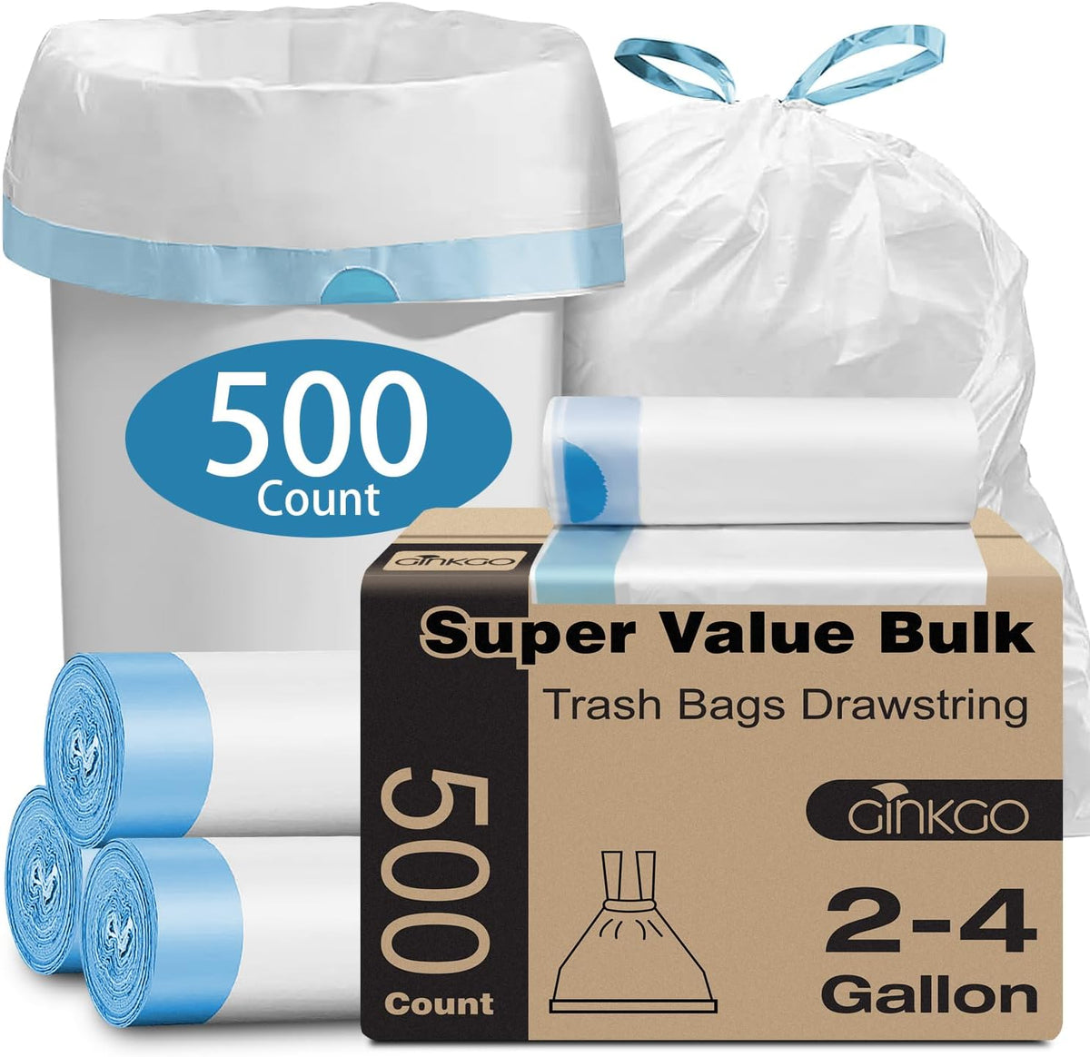 Small Trash Bags 2-4 Gallon. 500 Count Super Value Bulk Drawstring Garbage Bags. Mini Plastic Trash Bags for Bathroom. Office. Bedroom. Wastebasket Trash Can Liners