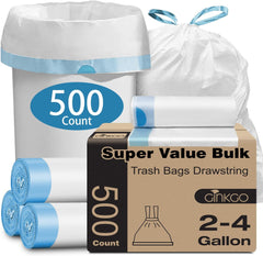 Small Trash Bags 2-4 Gallon. 500 Count Super Value Bulk Drawstring Garbage Bags. Mini Plastic Trash Bags for Bathroom. Office. Bedroom. Wastebasket Trash Can Liners