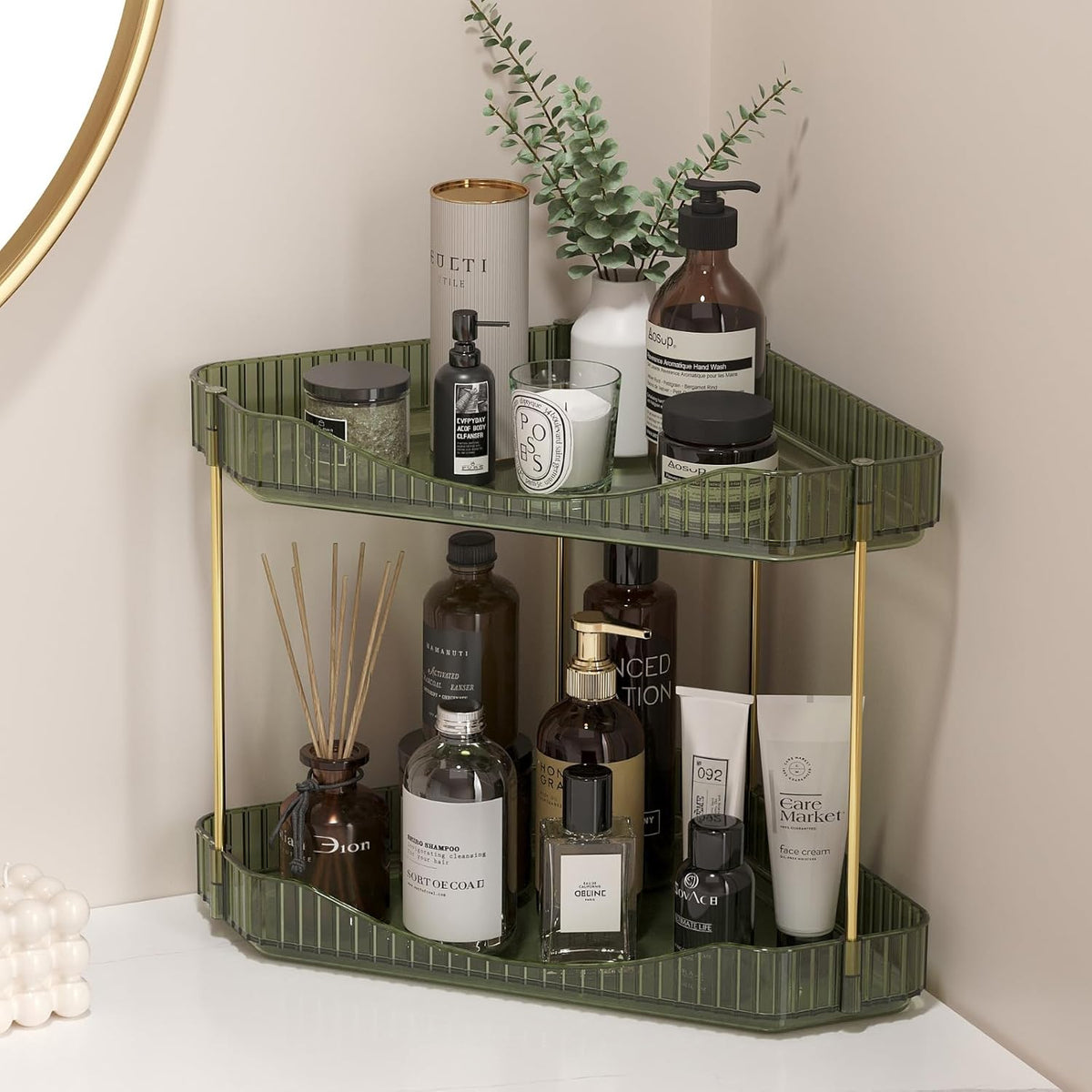 Lifewit 2-Tier Corner Bathroom Counter Organizer. Plastic Makeup Skincare Organizers Storage Countertop. Sink Vanity Trays Perfume. Cosmetic Shelf in Bedroom. Dresser. Kitchen (Green)