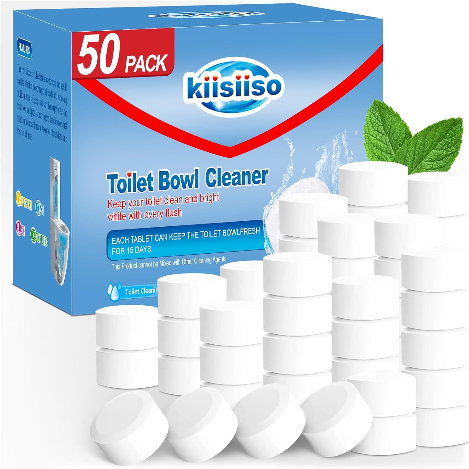 KIISIISO Toilet Bowl Cleaner Tablets 50 PACK. Automatic Bleach Toilet Tank Cleaners. Bathroom Long-Lasting Freshness. Slow-Releasing Powerful Deodorizing & Descaling