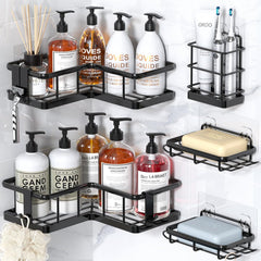 YASONIC Corner Shower Caddy Organizer. 5-Pack Adhesive Rustproof Stainless Steel Shower Shelves with Soap Holder. No Drilling Shower Storage Rack for Family Renters Bathroom. Black