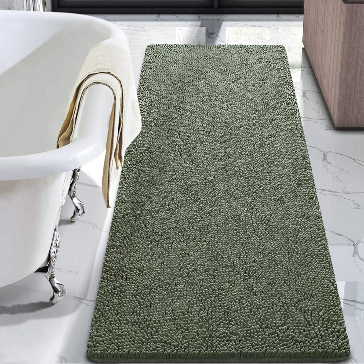 LOCHAS Luxury Bathroom Rug Shaggy Bath Mat 24 x 60 Inch. Washable Non Slip Bath Rugs for Bathroom Shower. Soft Plush Chenille Absorbent Carpets Mats. Sage Green