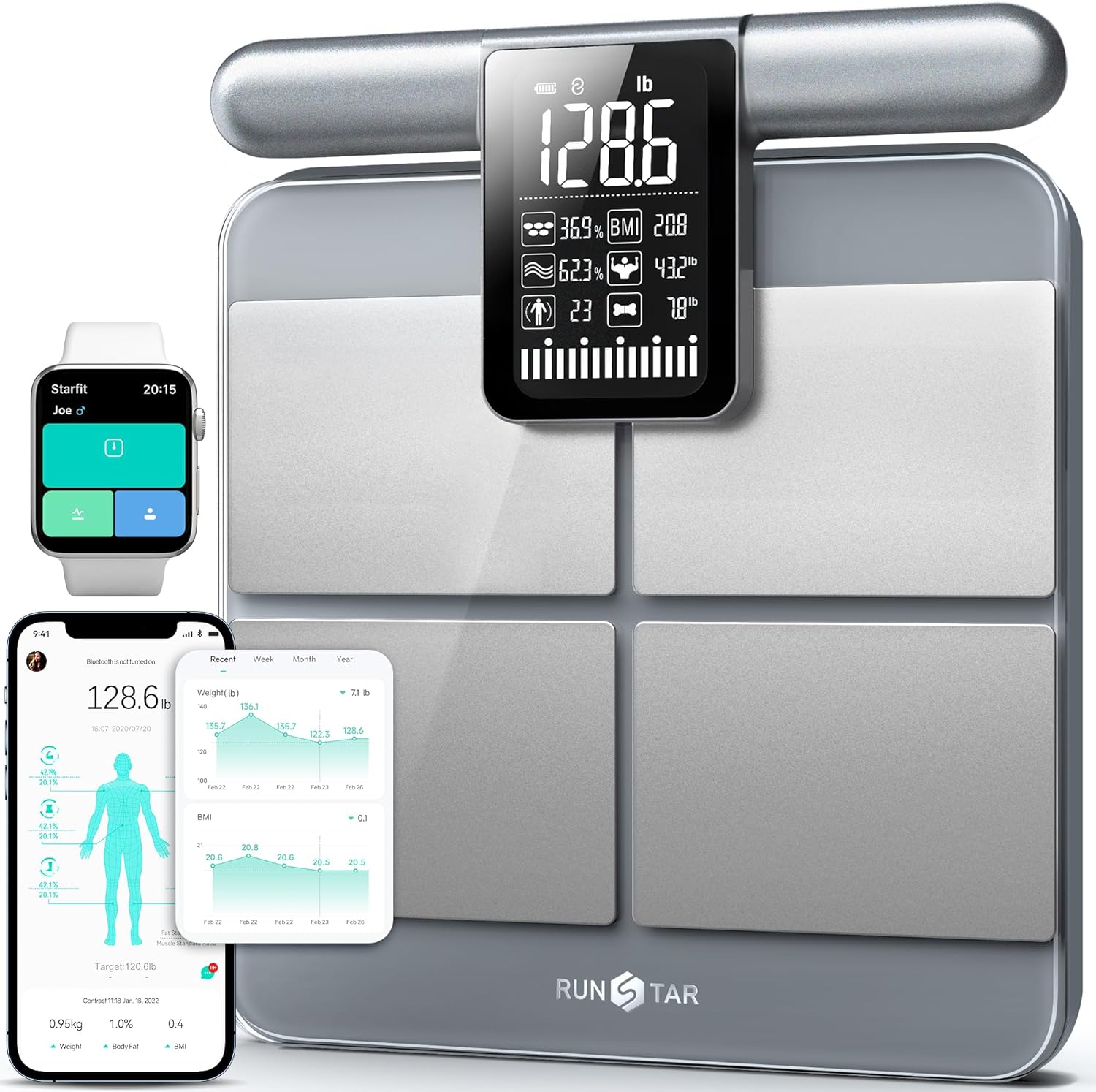 Runstar Scale for Body Weight and Fat Percentage. 8-Electrodes Precision Digital Smart Scale for BMI 28 Body Composition Measurement. Silver Bathroom Smart Scales with Large Display