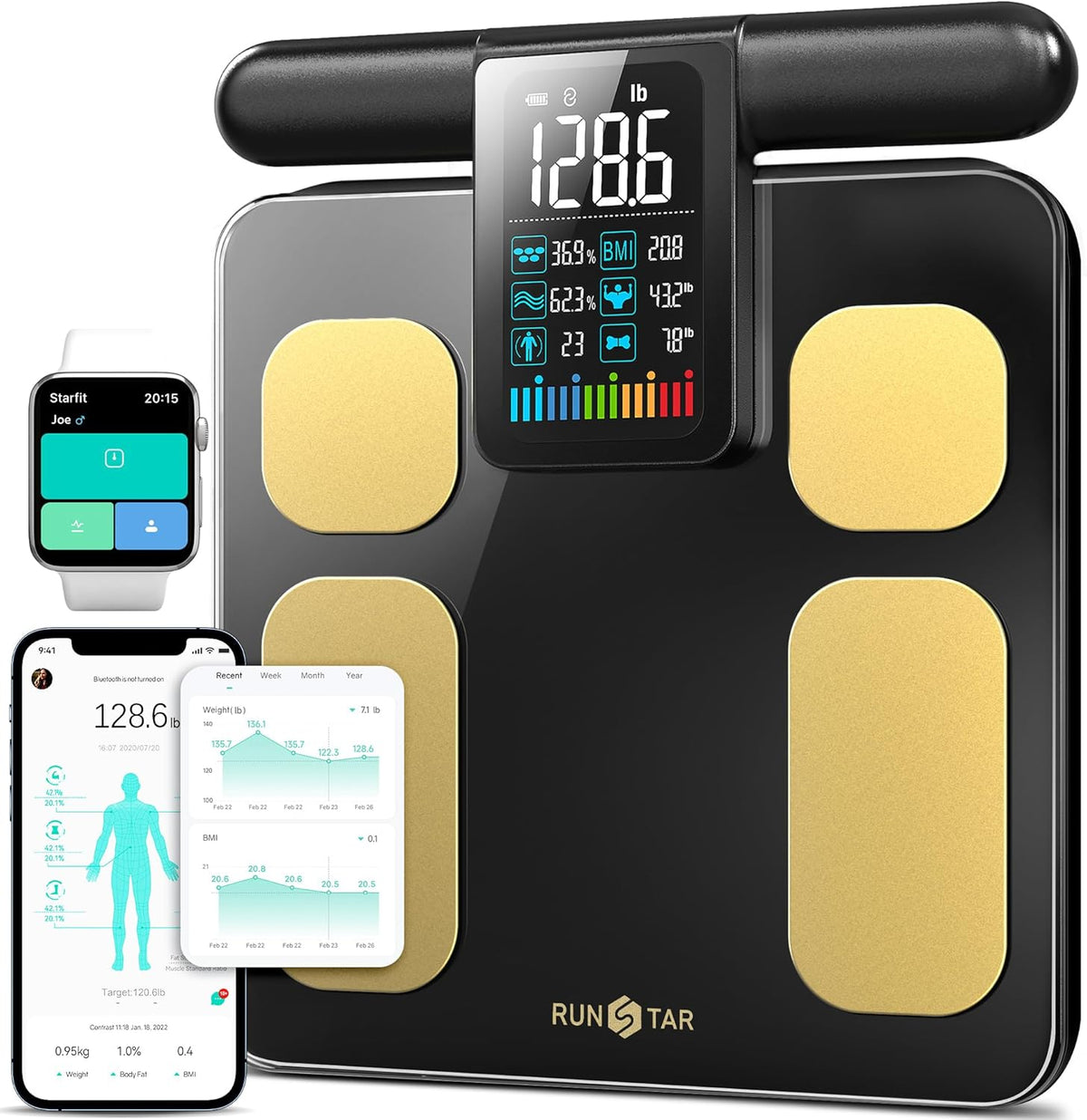 Runstar Scale for Body Weight and Fat Percentage. 8-Electrodes Precision Digital Smart Scale for BMI 28 Body Composition Measurement. Silver Bathroom Smart Scales with Large Display