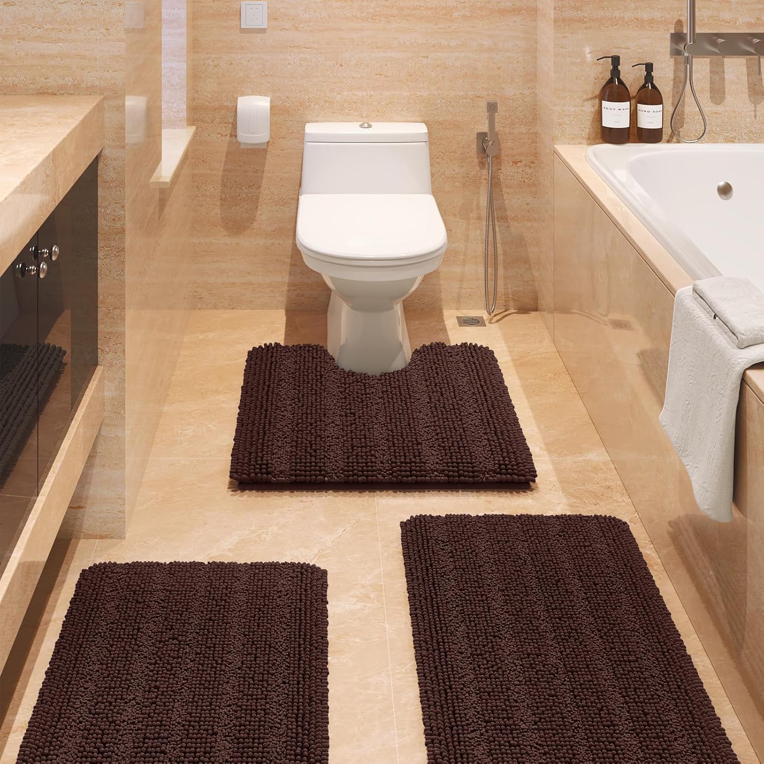 ACCUMTEK Striped Brown Bathroom Rug Set 3 Pieces Ultra Soft. Non Slip Chenille Toilet Mat. Absorbent Plush Shaggy Bath Mats for Bathroom. Bedroom. Kitchen